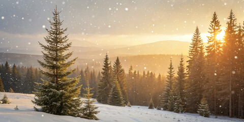Fototapeta premium A serene snow-covered forest at sunrise, with golden light filtering through tall pine trees and soft snowfall in the air