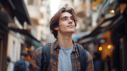 Fototapeta premium Young male tourist exploring city street and looking up with hope