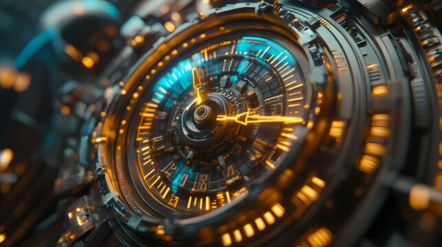 3d animated digital clock interface in a futuristic tech realm. Clockwork Realms. Illustration