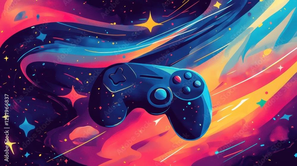 Poster a video game controller surrounded by cosmic abstract shapes