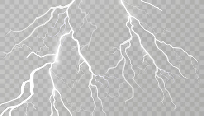 Set of lightnings. Thunder-storm and lightnings. Magic and bright lighting effects. Vector Illustration.