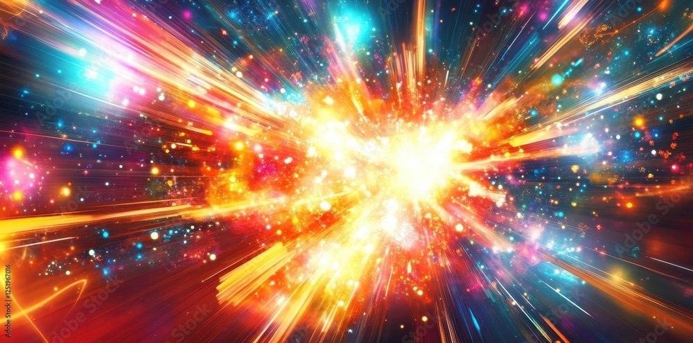 Poster colorful starburst explosion in space with trailing light streaks