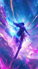 Fototapeta premium Cosmic warrior stands amidst swirling nebulas and celestial energy