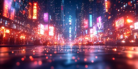 Futuristic city at night, glowing with neon and holograms, exuding high-tech energy. Ideal for ads, tech content, cyberpunk games, or articles on smart cities' future.