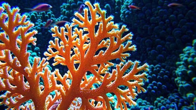 Bright orange coral forming marine sanctuary, small iridescent fish navigating delicate underwater environment, highlighting oceanic ecosystem complexity and natural vibrancy