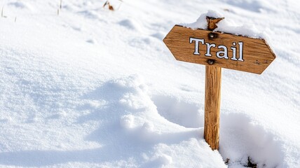 Wooden trail sign covered in snow winter landscape