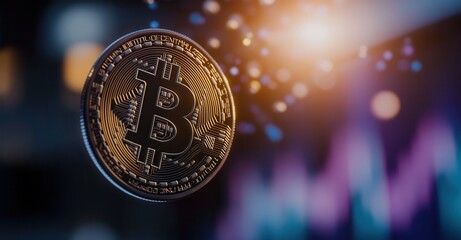 Digital coin representing a decentralized digital currency in the form of cryptocurrency, against a blurred background with bokeh lights.