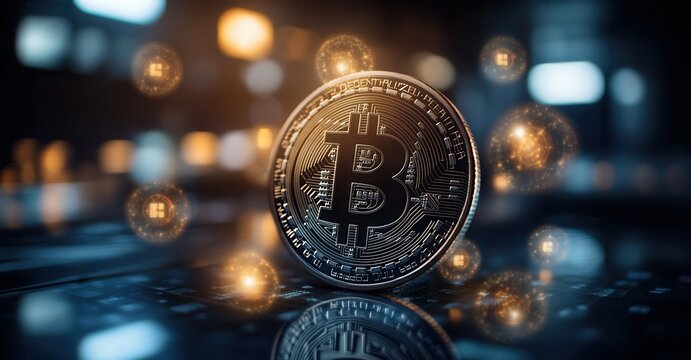 Digital Coin: Cryptocurrency Representation. The image shows a detailed coin with digital accents and reflections on a circuit board surface.