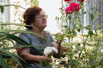 older latina woman among the flowers in the park