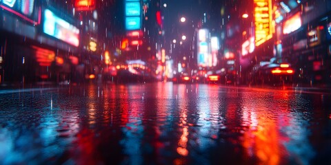 Obraz premium Futuristic city at night, glowing with neon and holograms, exuding high-tech energy. Ideal for ads, tech content, cyberpunk games, or articles on smart cities' future.