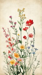 Obraz premium Watercolor illustration depicts colorful wildflowers against a light beige backdrop