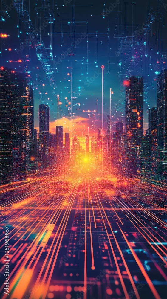Poster futuristic cityscape illuminated by a network of glowing data streams