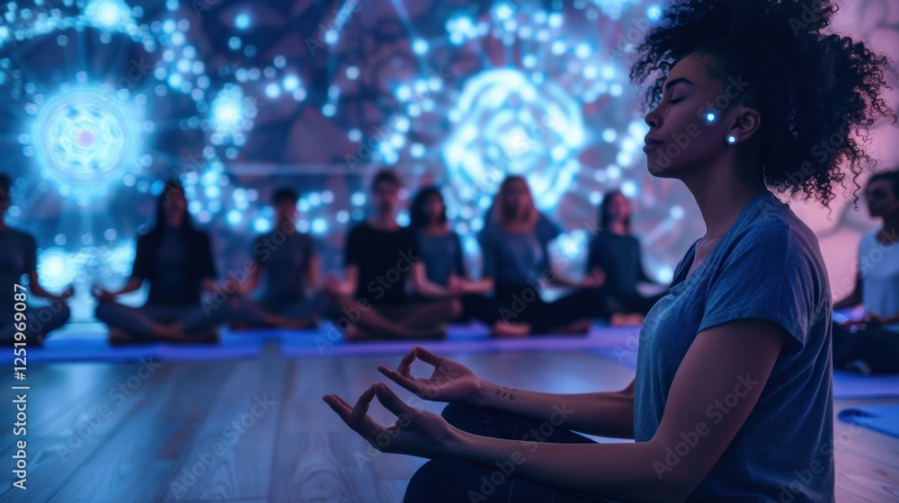 Poster mindful meditation class with brainwave devices and glowing visualization patterns for inner balance