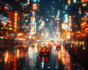 Fototapeta premium Futuristic city at night, glowing with neon and holograms, exuding high-tech energy. Ideal for ads, tech content, cyberpunk games, or articles on smart cities' future.