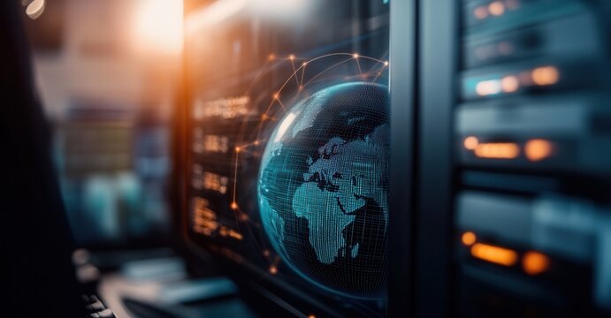 Global Network: A high-tech display of a digital Earth globe, interconnected with data streams, set against a server room backdrop.