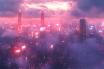 Fototapeta premium Futuristic city at night, glowing with neon and holograms, exuding high-tech energy. Ideal for ads, tech content, cyberpunk games, or articles on smart cities' future.