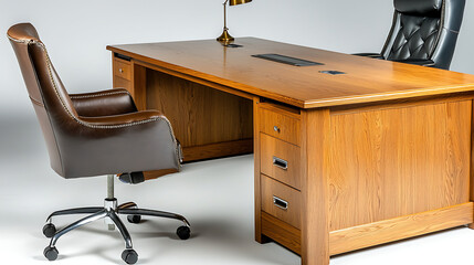 A wooden desk with a leather chair and a lamp on it. generated using AI
