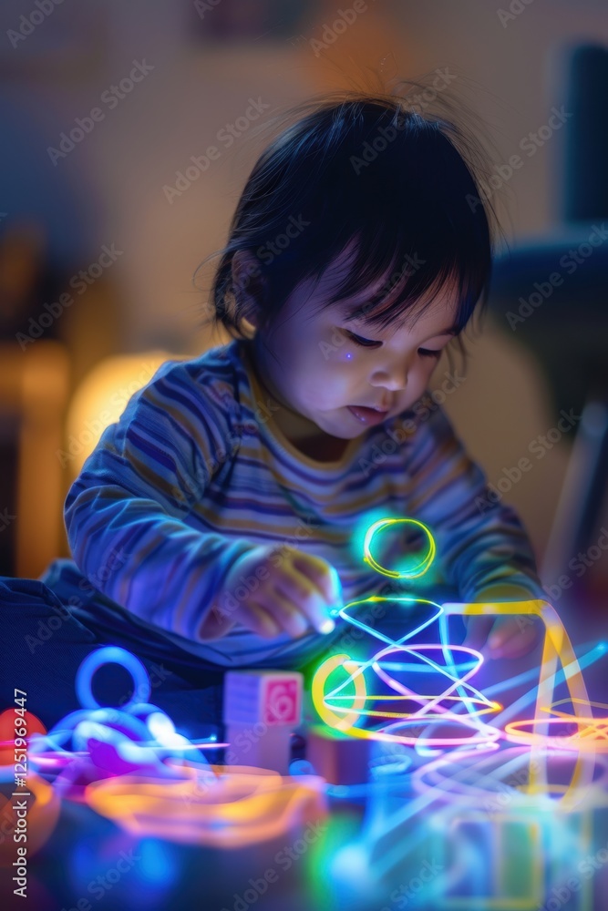 Poster toddler engaged with shape sorting toys and glowing neural connections imagery