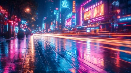 Fototapeta premium Futuristic city at night, glowing with neon and holograms, exuding high-tech energy. Ideal for ads, tech content, cyberpunk games, or articles on smart cities' future.