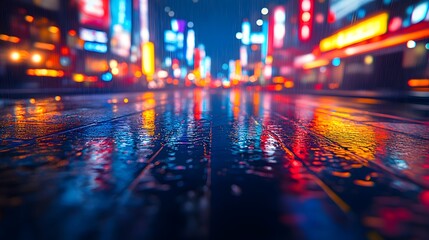 Obraz premium Futuristic city at night, glowing with neon and holograms, exuding high-tech energy. Ideal for ads, tech content, cyberpunk games, or articles on smart cities' future.