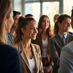 a group of people standing around each other