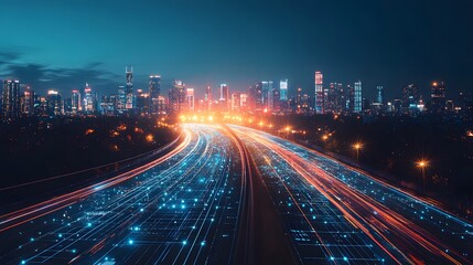 Futuristic city at night, glowing with neon and holograms, exuding high-tech energy. Ideal for ads, tech content, cyberpunk games, or articles on smart cities' future.