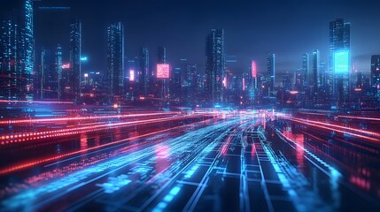 Obraz premium Futuristic city at night, glowing with neon and holograms, exuding high-tech energy. Ideal for ads, tech content, cyberpunk games, or articles on smart cities' future.