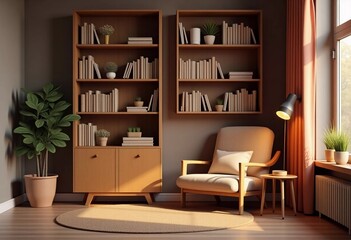 Cozy reading nook with bookshelves and comfortable chair in warm afternoon light