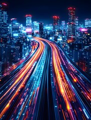 Fototapeta premium Futuristic city at night, glowing with neon and holograms, exuding high-tech energy. Ideal for ads, tech content, cyberpunk games, or articles on smart cities' future.