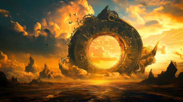 Clockwork portal alien landscape, time travel, scifi fantasy. Clockwork Realms. Illustration