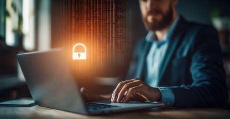 Professional securing data on a laptop, protected by a padlock icon overlay, ensures safety and security in a digital workspace.