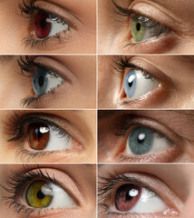 People with eyes of different colors, collage of photos