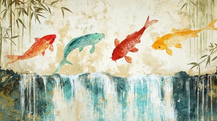 Colorful koi fish swimming above a textured waterfall painting