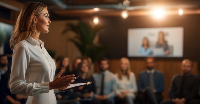 Confident woman giving a presentation in a corporate setting, addressing a team of people in an office and on a video conference.