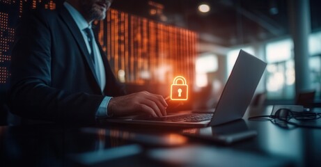 A businessman works on a laptop with a glowing padlock icon, representing cybersecurity and data protection in a modern office environment.