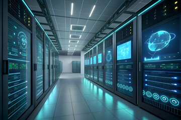 Futuristic Server Room With Glowing Panels_Keywords_Server Room,Data