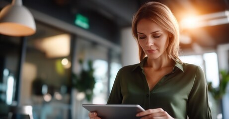 Focused businesswoman uses a tablet in a bright modern office space, showcasing concentration and technology. Digital workflow efficiency.
