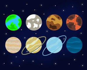 Simple set of solar system planets, vector cartoon set, space background. Earth, mercury, venus,mars, jupiter, saturn, uranus, neptune.