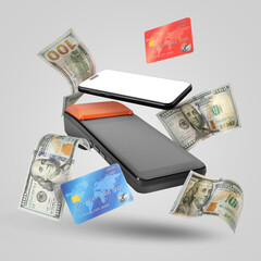 Payment terminal, bank cards, dollars and mobile phone in air on grey background