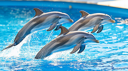 Obraz premium Group of Dolphins Display Playful Leaps and Synchronized Swimming in Clear Blue Water