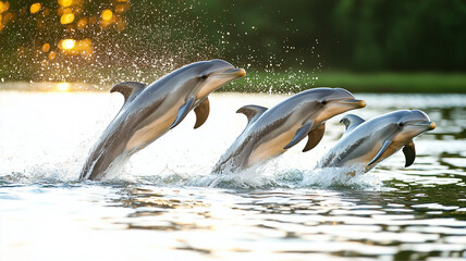 Obraz premium Dolphins Perform Graceful Leaps in Sunlight, Showcasing Their Playful Nature and Synchronized Swimming Skills
