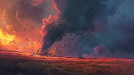 Fury Unleashed: Wrath of Nature Unleashing a Massive Tornado on an Open Prairie Trailing Destruction and Chaos