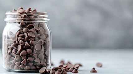 Jar filled with chocolate chips on light blue surface