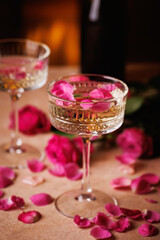 Close-up of Champagne with Rose Petals