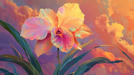 Colorful orchid blossom illuminated against a dreamy painted sunset sky