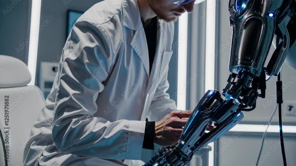 Aufkleber scientist adjusting a robotic limb in a high-tech lab, symbolizing ai-driven prosthetics and cyberne