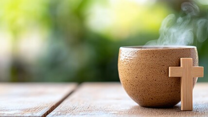 Steaming cup with wooden cross on table, serene background
