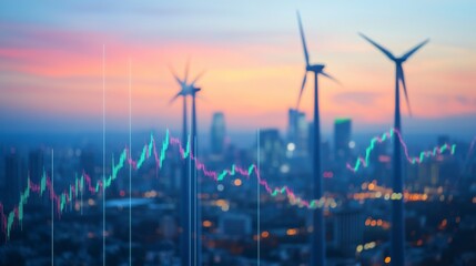 Blurred Cityscape with Wind Turbines and Financial Graph at Sunset