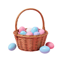 A wicker basket filled with pastel-colored Easter eggs. Some eggs are outside of the basket.