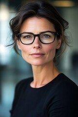 Fototapeta premium Self-confident female business woman, looking at the camera, posing in a modern Office space. Professional Portrait for Recruiting, Manager and Management, Lawyer or Consultant concepts